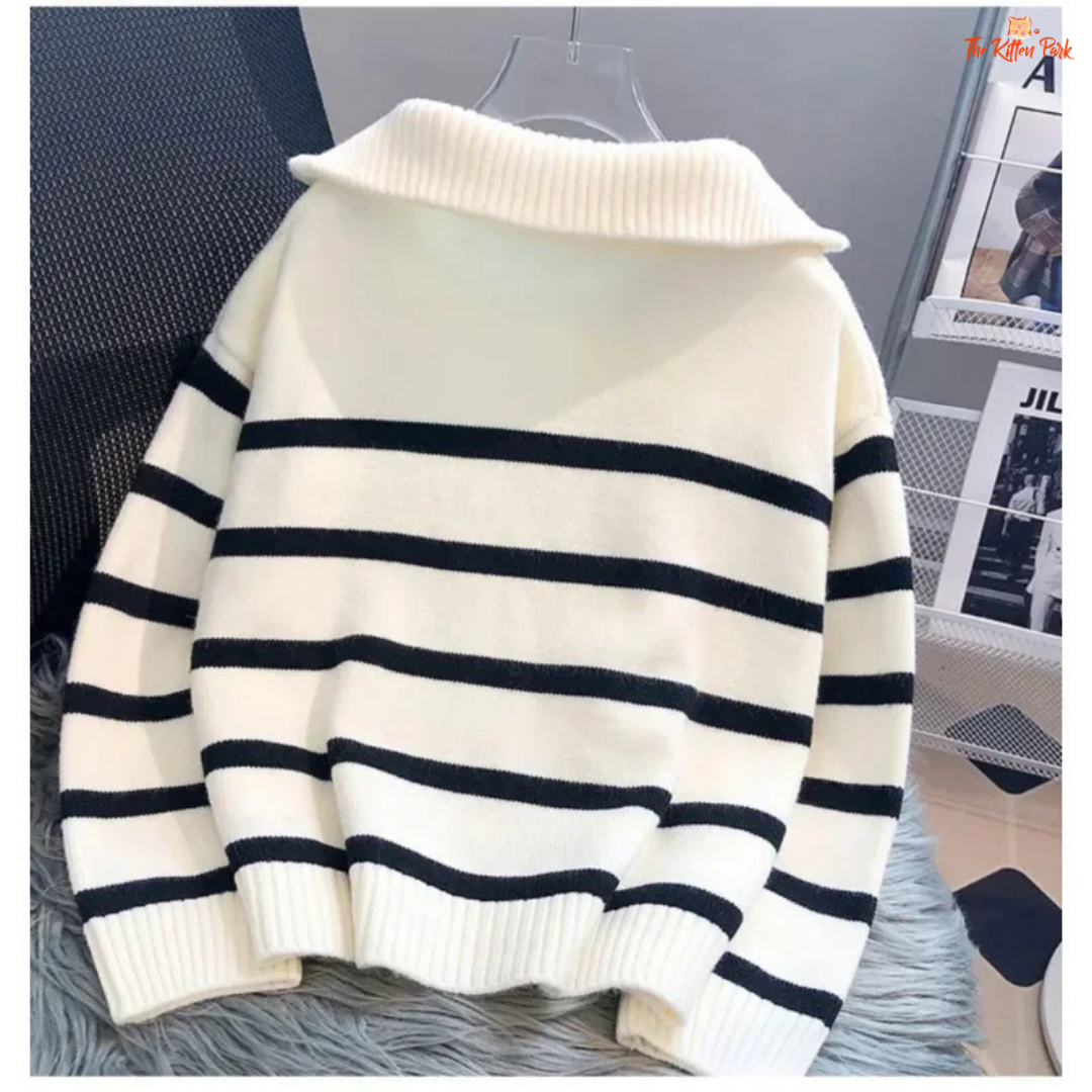 2026 Zipper Stripe Short Pullover Sweater for Women, loose fit, striped polyester knit with zipper, ideal for casual autumn/winter wear.