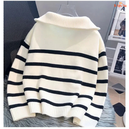 2026 Zipper Stripe Short Pullover Sweater for Women, loose fit, striped polyester knit with zipper, ideal for casual autumn/winter wear.