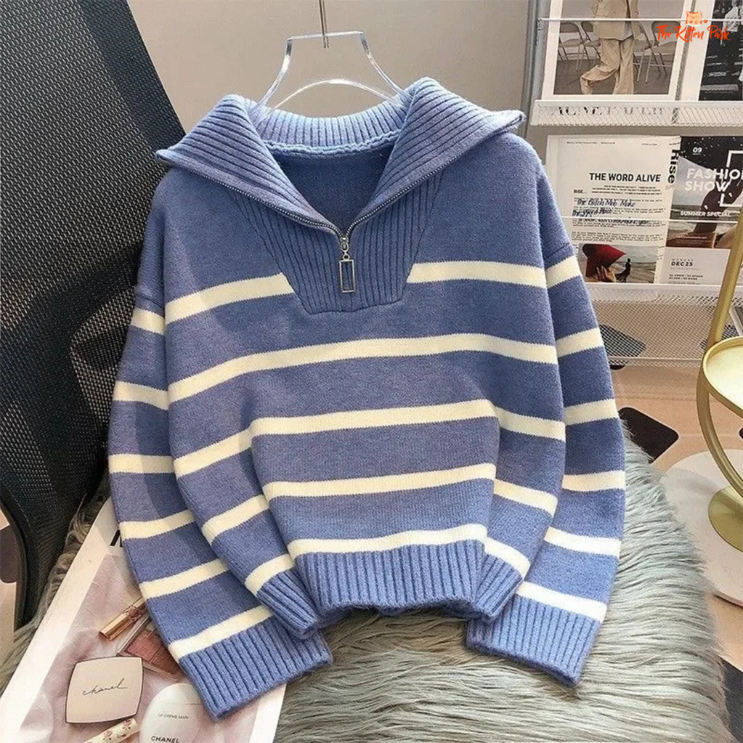 2026 Zipper Stripe Short Pullover Sweater for Women, loose fit, striped polyester knit with zipper, ideal for casual autumn/winter wear.