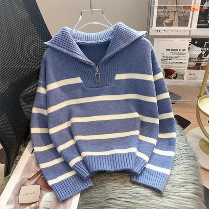 2026 Zipper Stripe Short Pullover Sweater for Women, loose fit, striped polyester knit with zipper, ideal for casual autumn/winter wear.