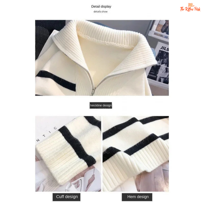 2026 Zipper Stripe Short Pullover Sweater for Women, loose fit, striped polyester knit with zipper, ideal for casual autumn/winter wear.