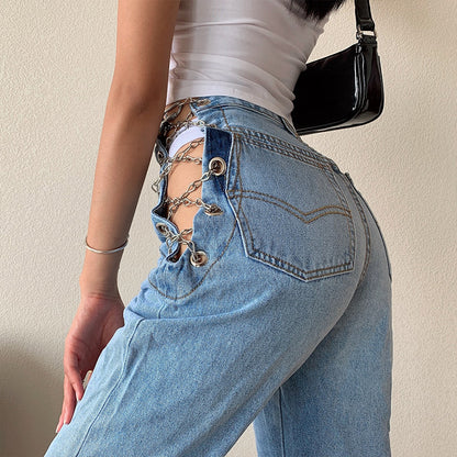 Womens High Waist Chain Streetwear Jeans