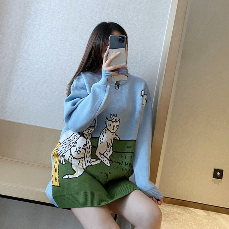 Cartoon Cat Embroidery V Neck Womens Sweater