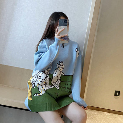 Cartoon Cat Embroidery V Neck Womens Sweater