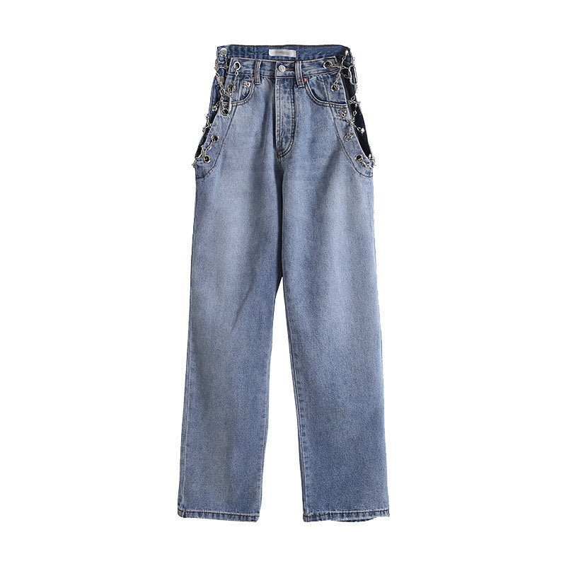 Womens High Waist Chain Streetwear Jeans