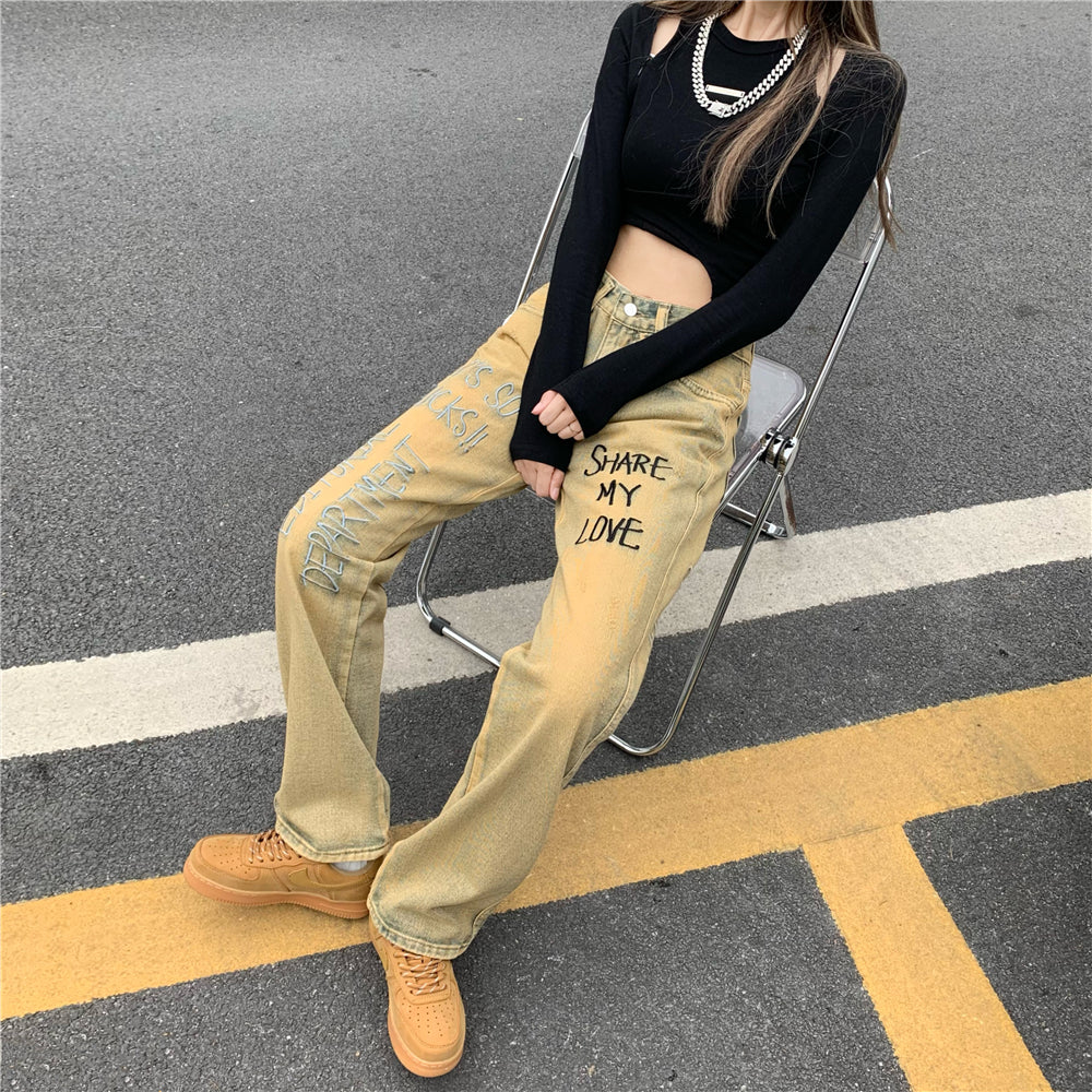 Personality Smile Print High Waist Washed Jeans