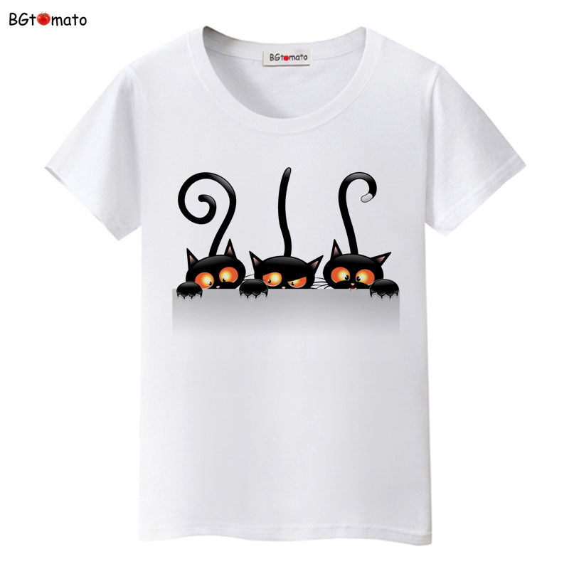 Funny Cap Three Cat Cartoon Summer Women T-Shirts