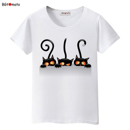 Funny Cap Three Cat Cartoon Summer Women T-Shirts