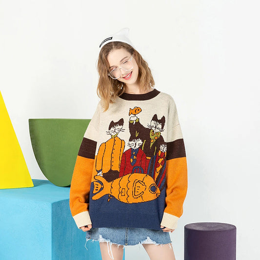 Women Cat Embroidered Knitted Sweater