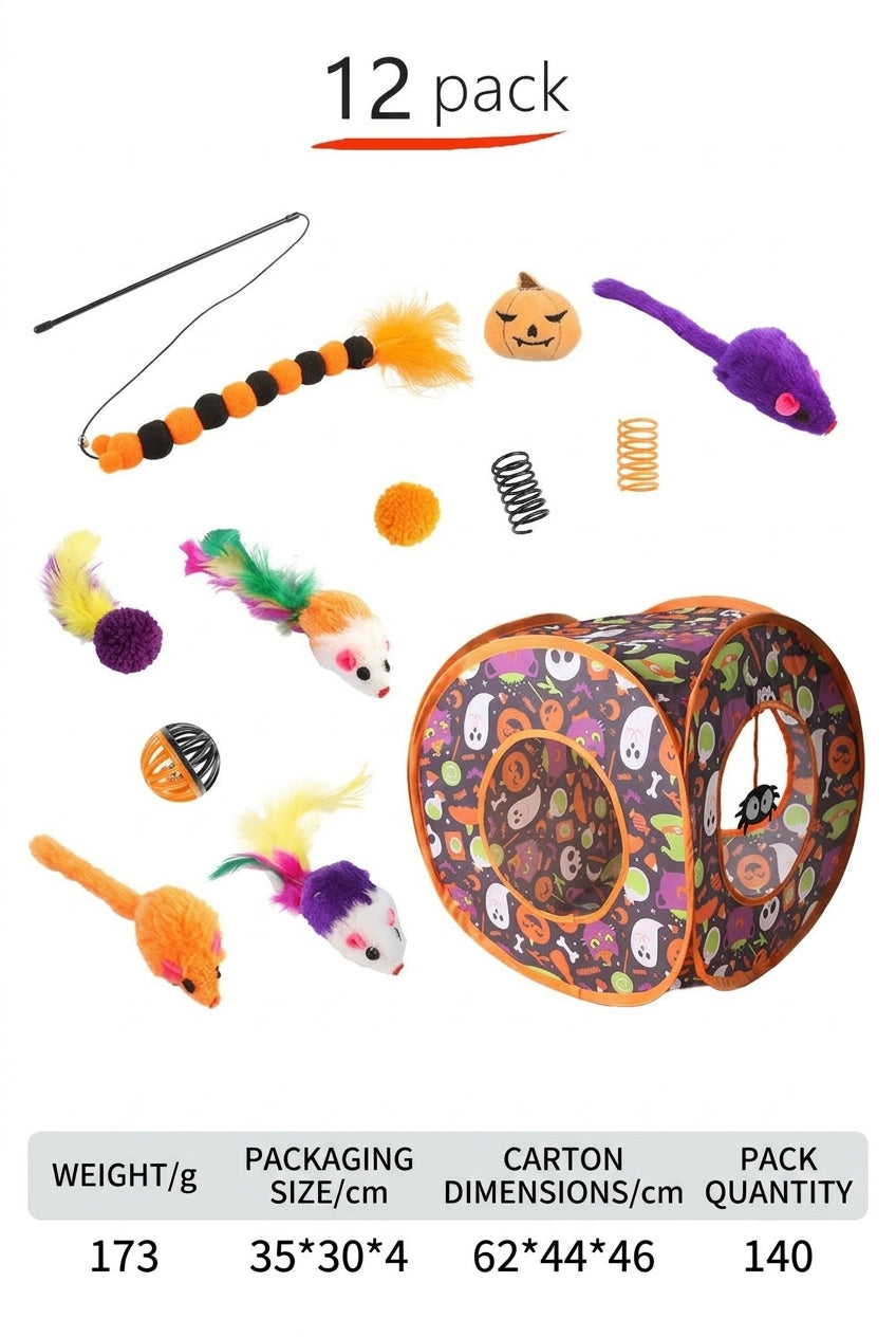 12-Piece Halloween Cat Toy Set with Tunnel | Bulk & Wholesale Supply