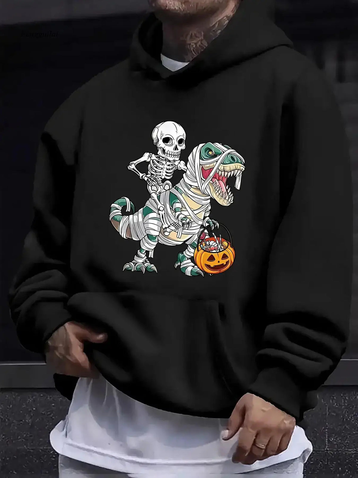 Funny Halloween Outfit Inspo: Skeleton Riding T-Rex Mummy Hoodie