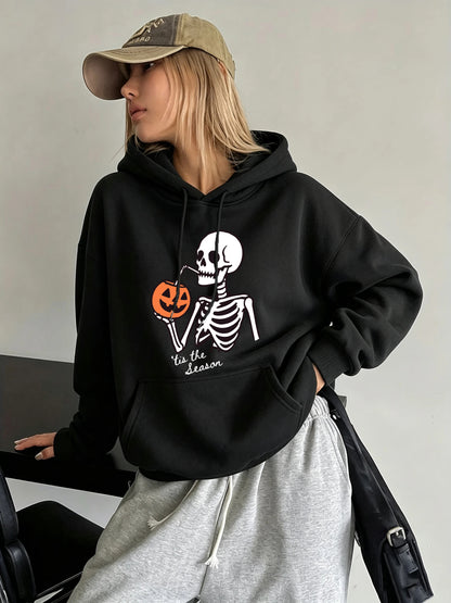 Cute Halloween Street Style: Skeleton Drinking Pumpkin Hoodie
