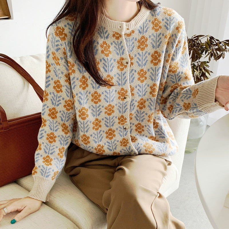 Autumn Themed Flower Design Elegant Cardigan For Women