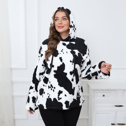 Womens Plus Size Black Embroidery Cat Hoodie