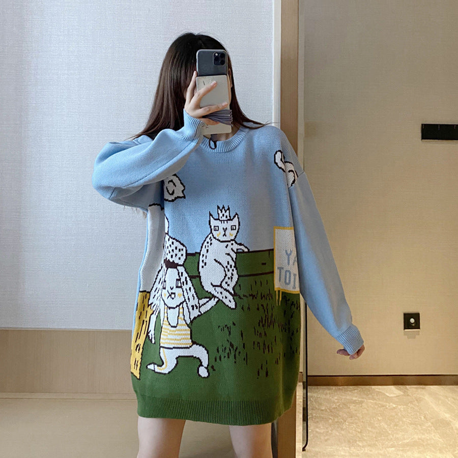 Cartoon Cat Embroidery V Neck Womens Sweater