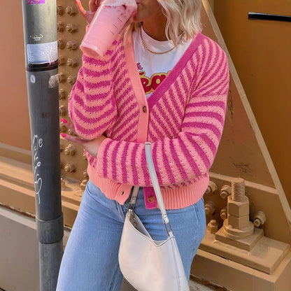 Womens V Neck Stripes Cardigan