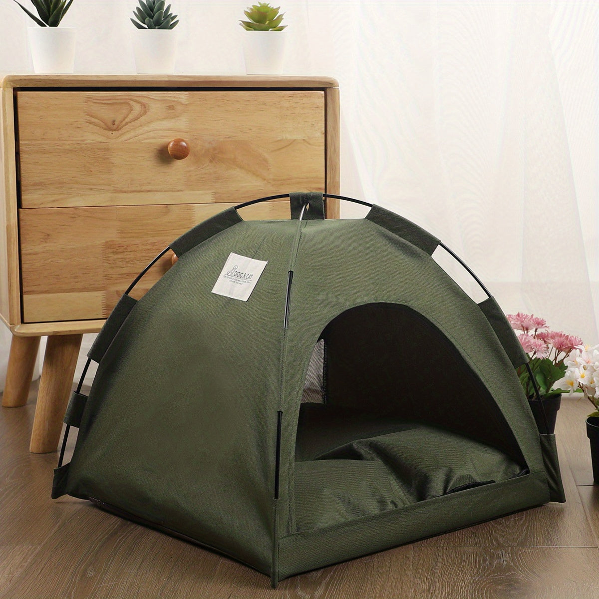 Cozy Camp: Adorable Olive Green Mini Tent Pet Bed