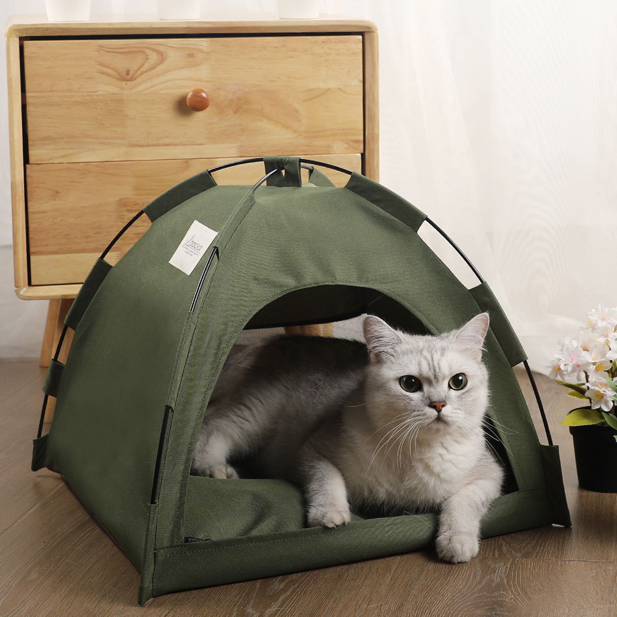 Cozy Camp: Adorable Olive Green Mini Tent Pet Bed