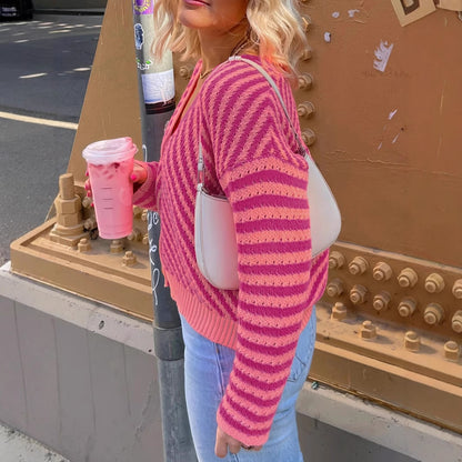 Womens V Neck Stripes Cardigan