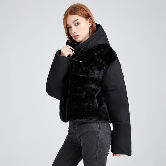 Womens Patchwork Vintage Style Hooded Winter Parka Coat