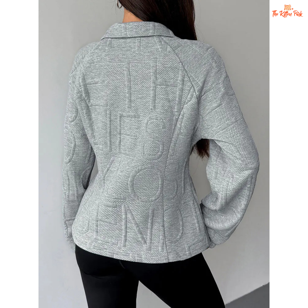 A light gray 3D jacquard turtleneck zipper coat for women featuring a turn-down collar, slim fit, zip closure, and thick fabric for sporty autumn streetwear looks.
