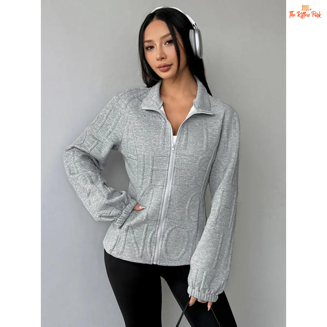 A light gray 3D jacquard turtleneck zipper coat for women featuring a turn-down collar, slim fit, zip closure, and thick fabric for sporty autumn streetwear looks.