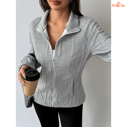 A light gray 3D jacquard turtleneck zipper coat for women featuring a turn-down collar, slim fit, zip closure, and thick fabric for sporty autumn streetwear looks.