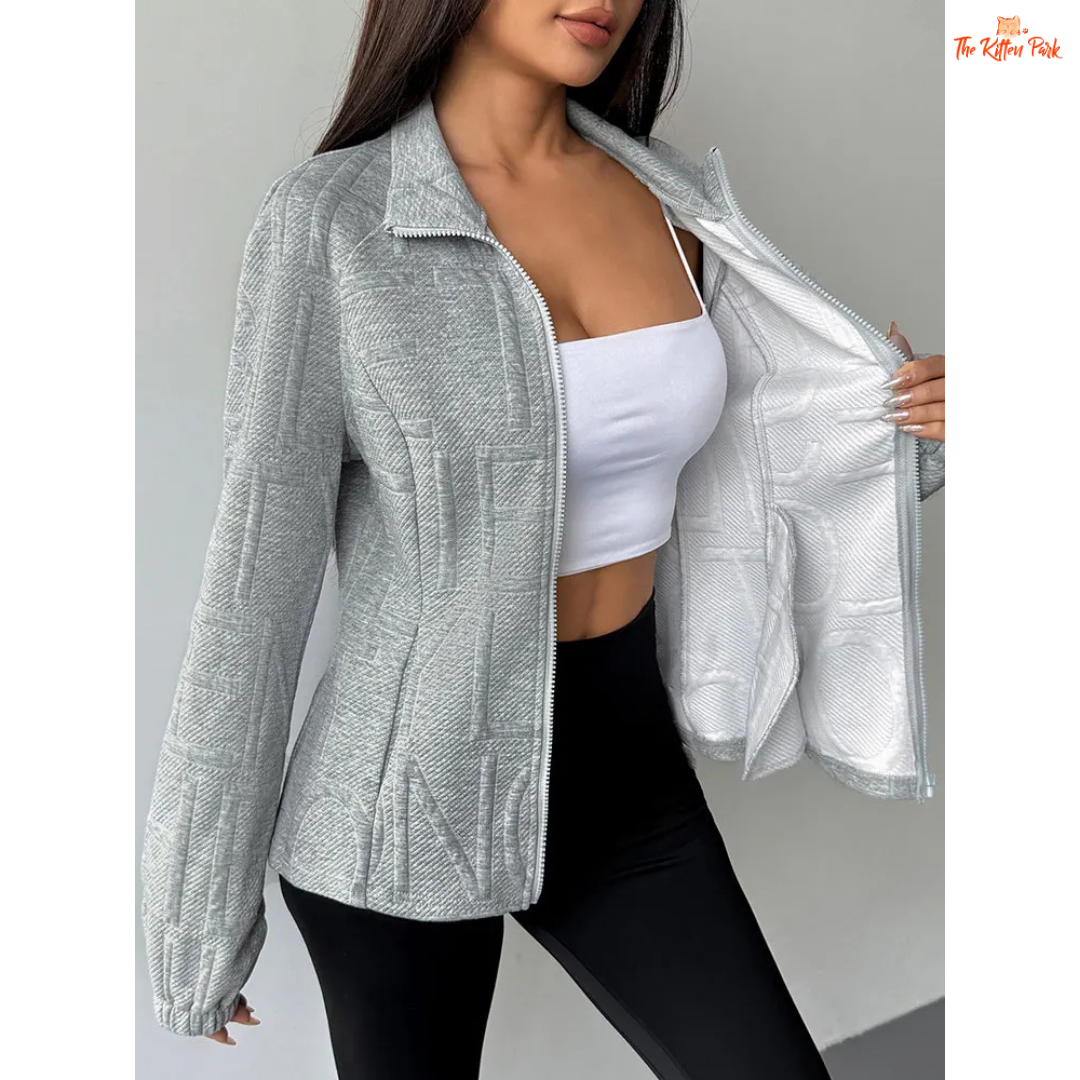 A light gray 3D jacquard turtleneck zipper coat for women featuring a turn-down collar, slim fit, zip closure, and thick fabric for sporty autumn streetwear looks.