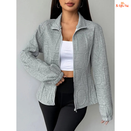 A light gray 3D jacquard turtleneck zipper coat for women featuring a turn-down collar, slim fit, zip closure, and thick fabric for sporty autumn streetwear looks.