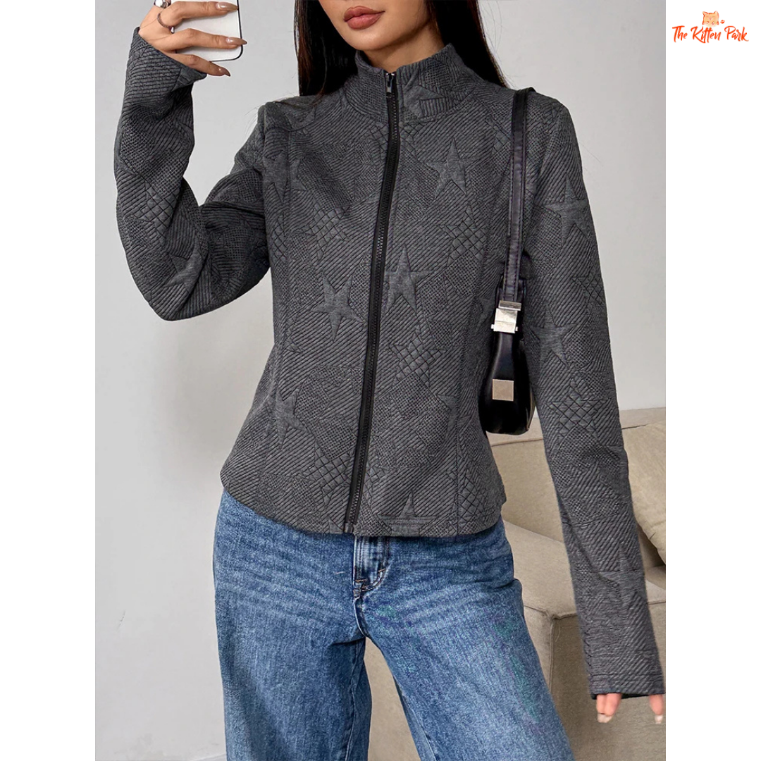 A gray 3D print streetwear jacket for women with a turn-down collar, zipper front, and thick autumn-ready fabric for modern urban outfits.