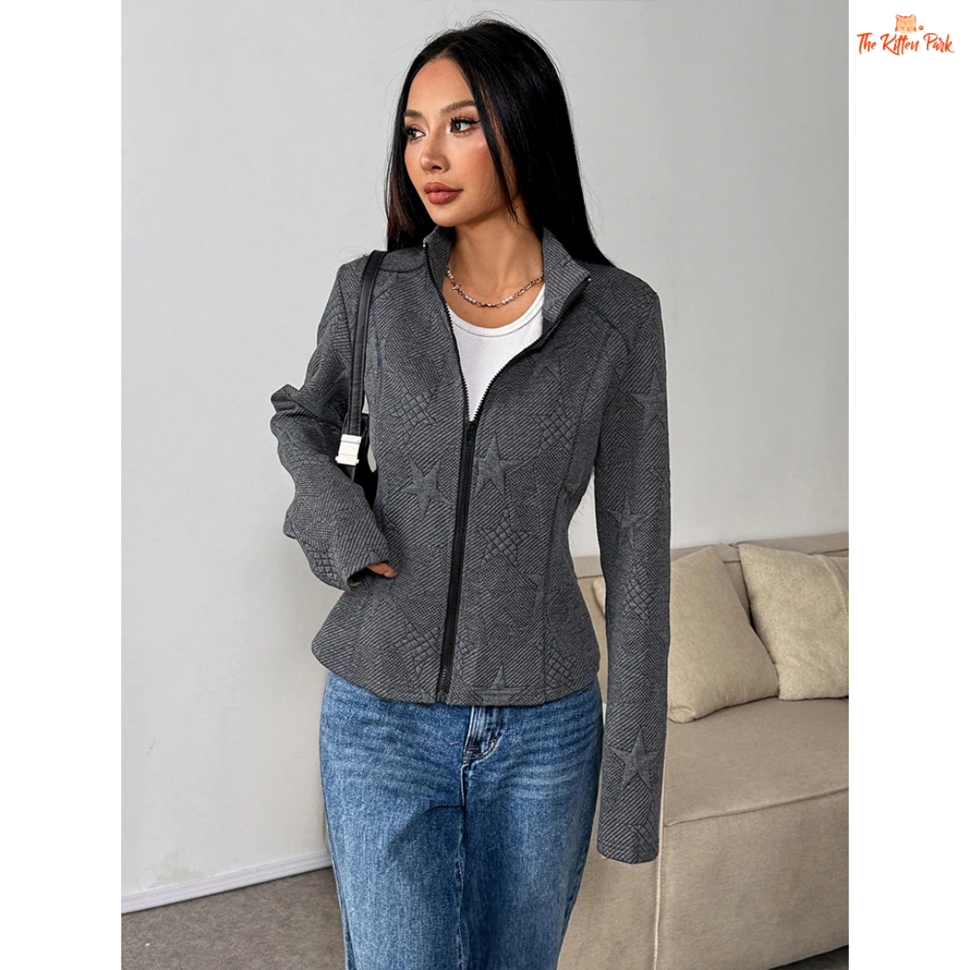 A gray 3D print streetwear jacket for women with a turn-down collar, zipper front, and thick autumn-ready fabric for modern urban outfits.