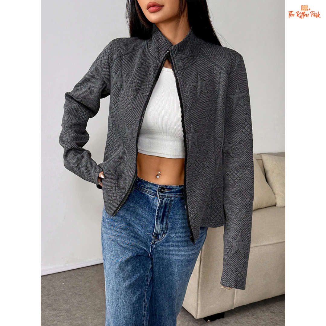 A gray 3D print streetwear jacket for women with a turn-down collar, zipper front, and thick autumn-ready fabric for modern urban outfits.