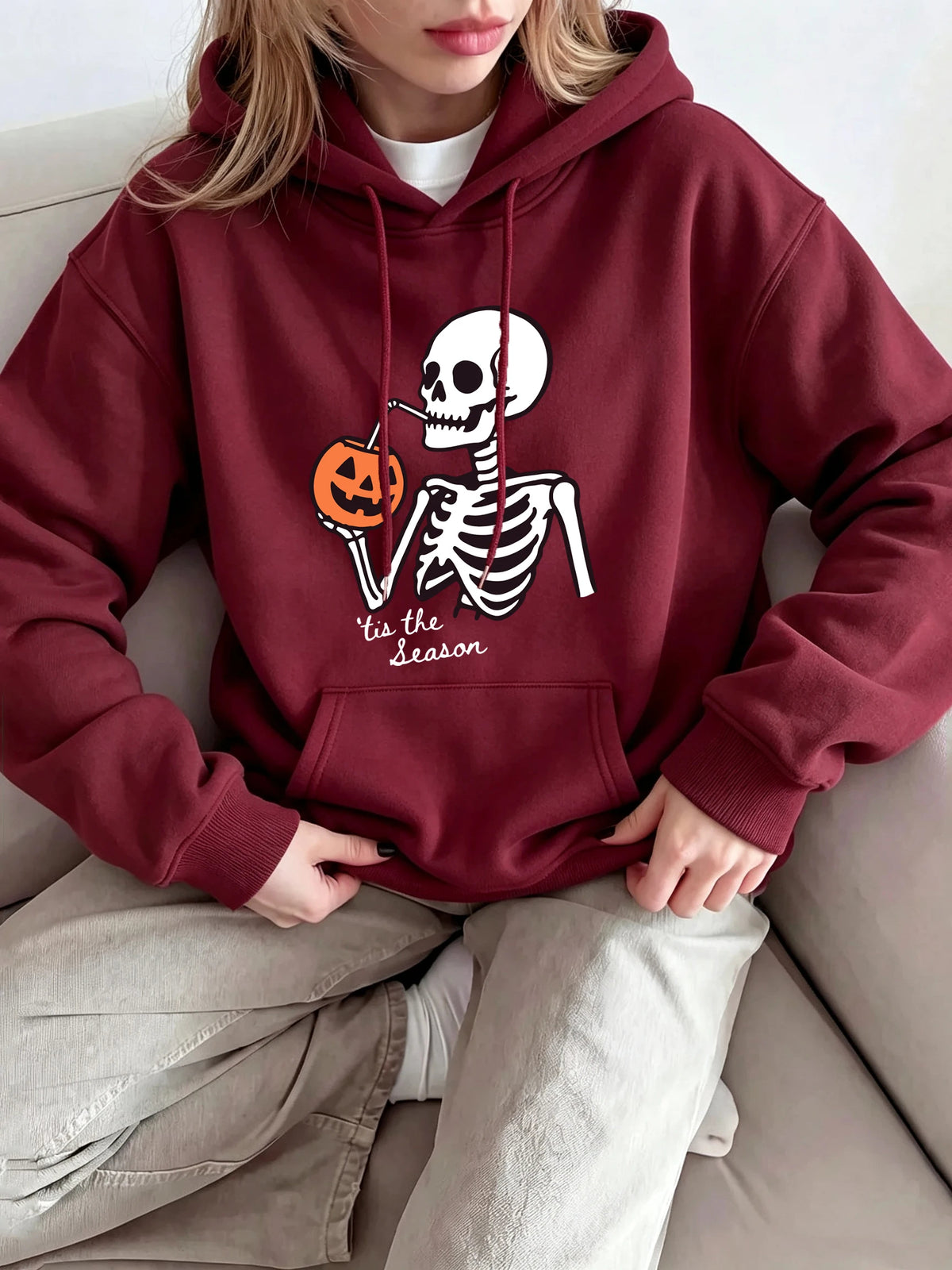 Cute Halloween Street Style: Skeleton Drinking Pumpkin Hoodie