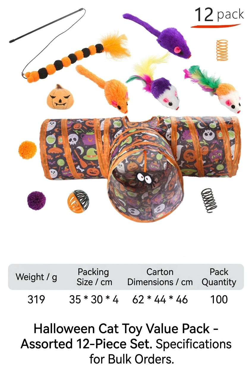 12-Piece Halloween Cat Toy Set with Tunnel | Bulk & Wholesale Supply