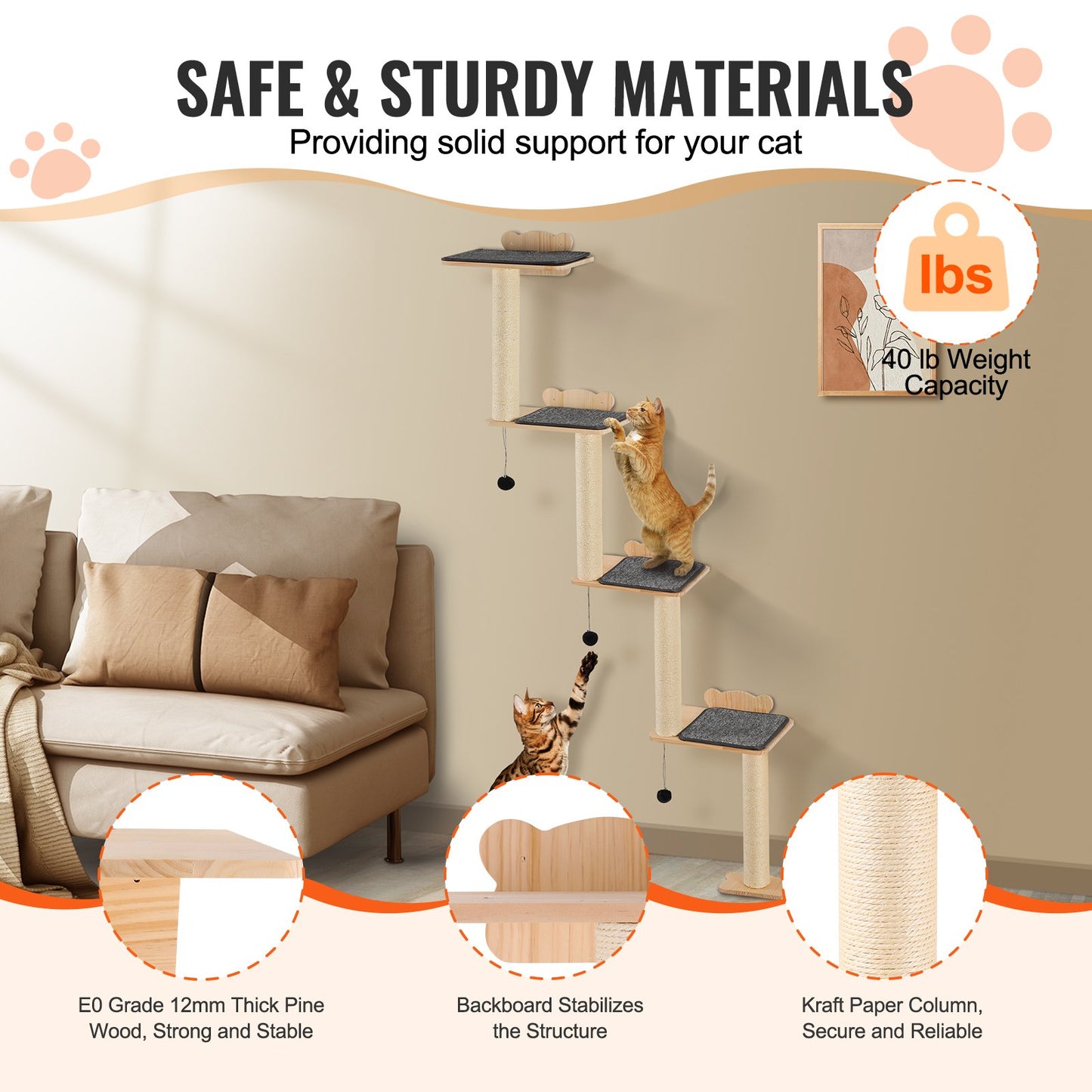 Wall Mounted Cat Climbing Wood Stairs Furniture