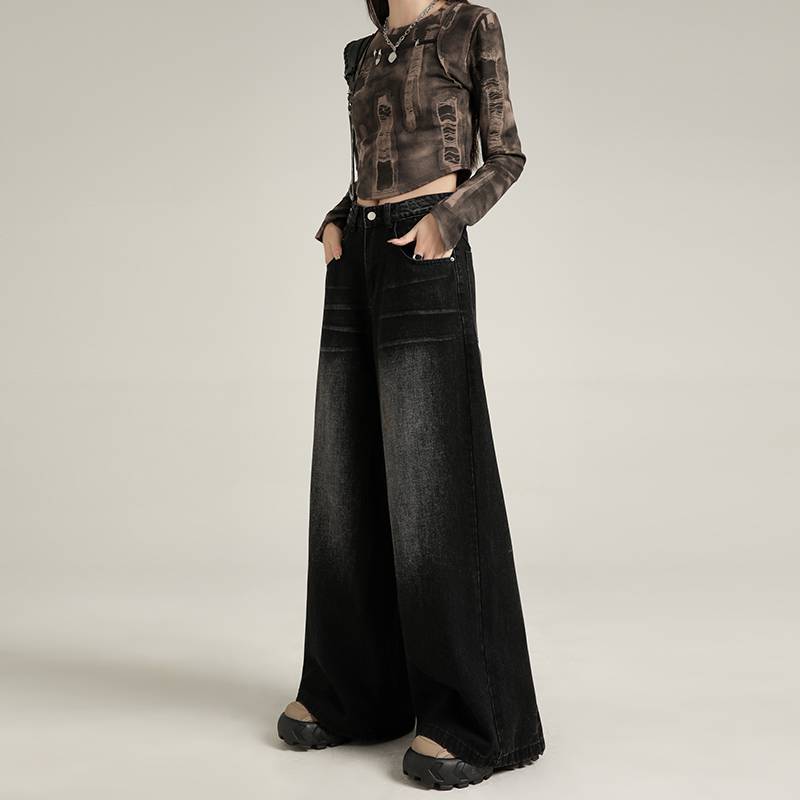 Womens Black Ripped Straight Leg Jeans