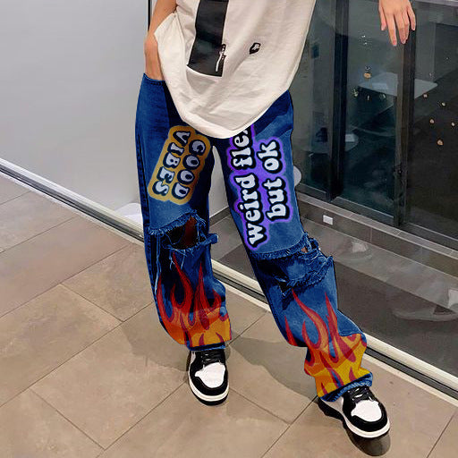 Womens High Waist Cartoon Printed Denim Jeans