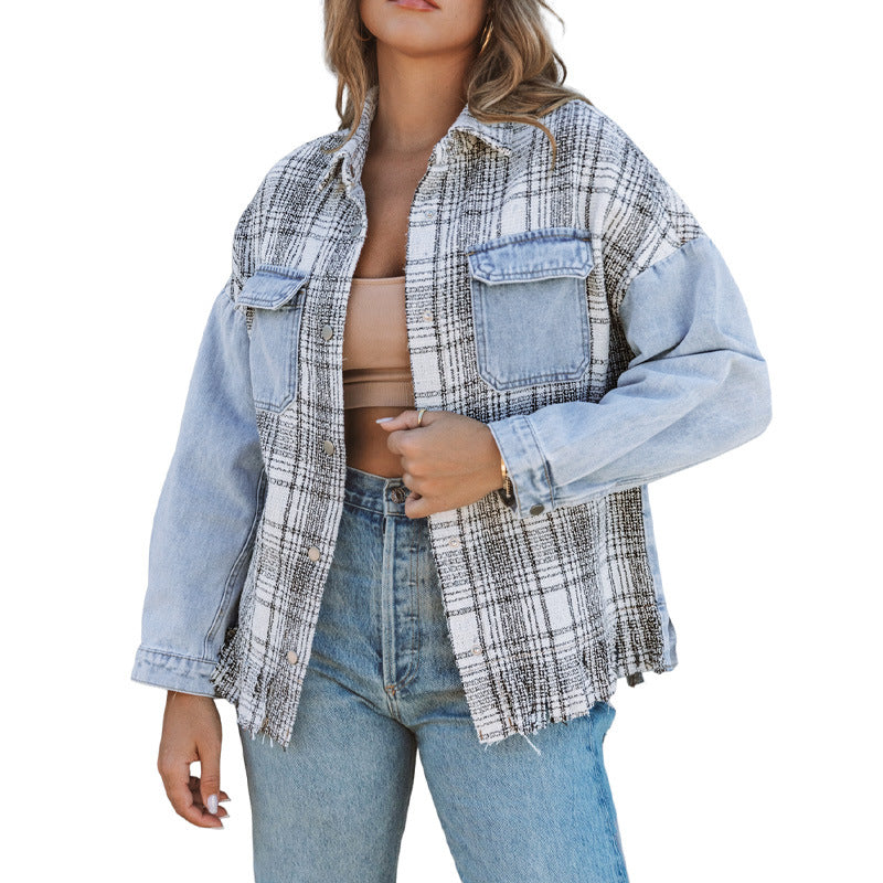 Womens Brown Plaid Mini Denim Coat