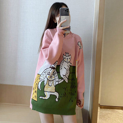 Cartoon Cat Embroidery V Neck Womens Sweater