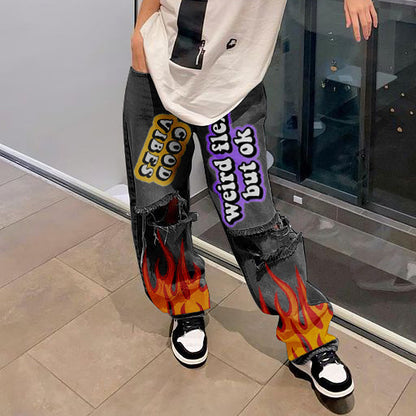 Womens High Waist Cartoon Printed Denim Jeans