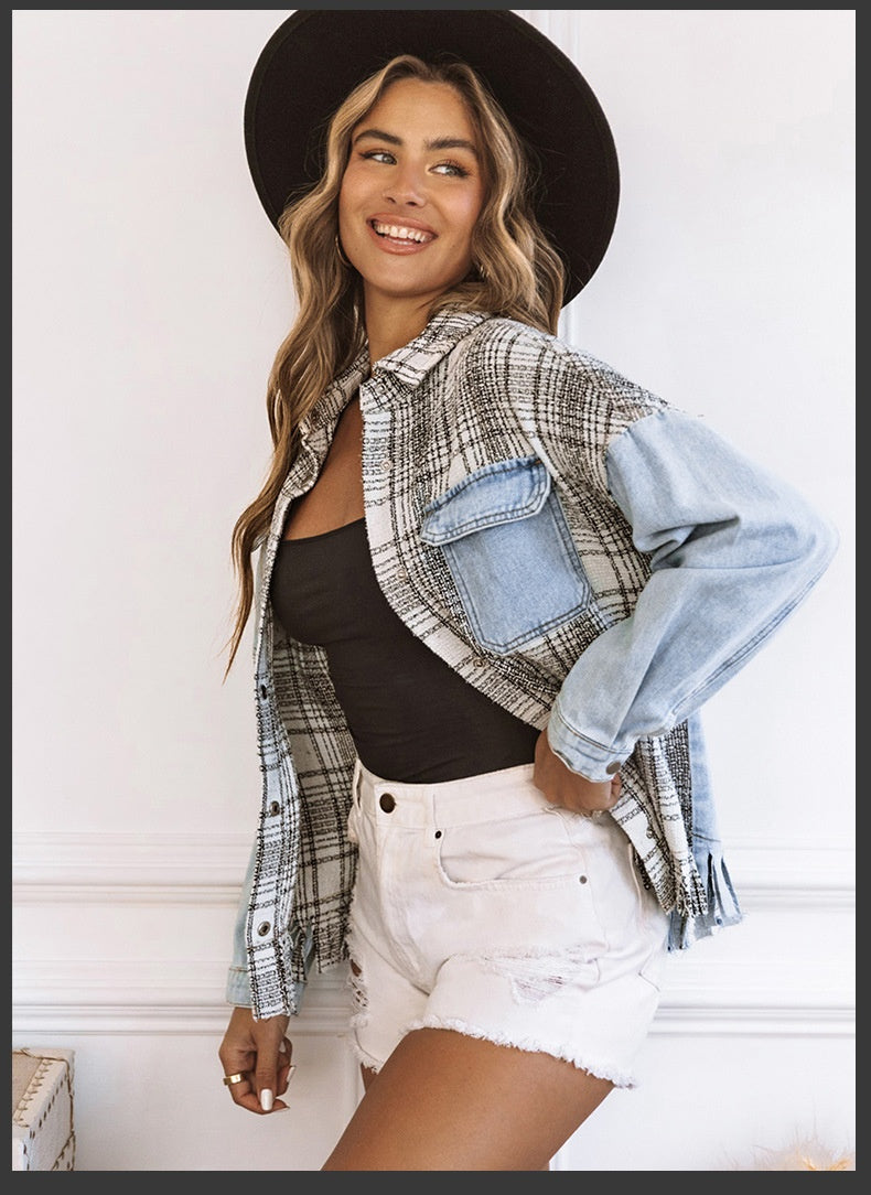 Womens Brown Plaid Mini Denim Coat