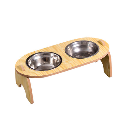 Cats Wooden Stand Stainless Steel Bowls