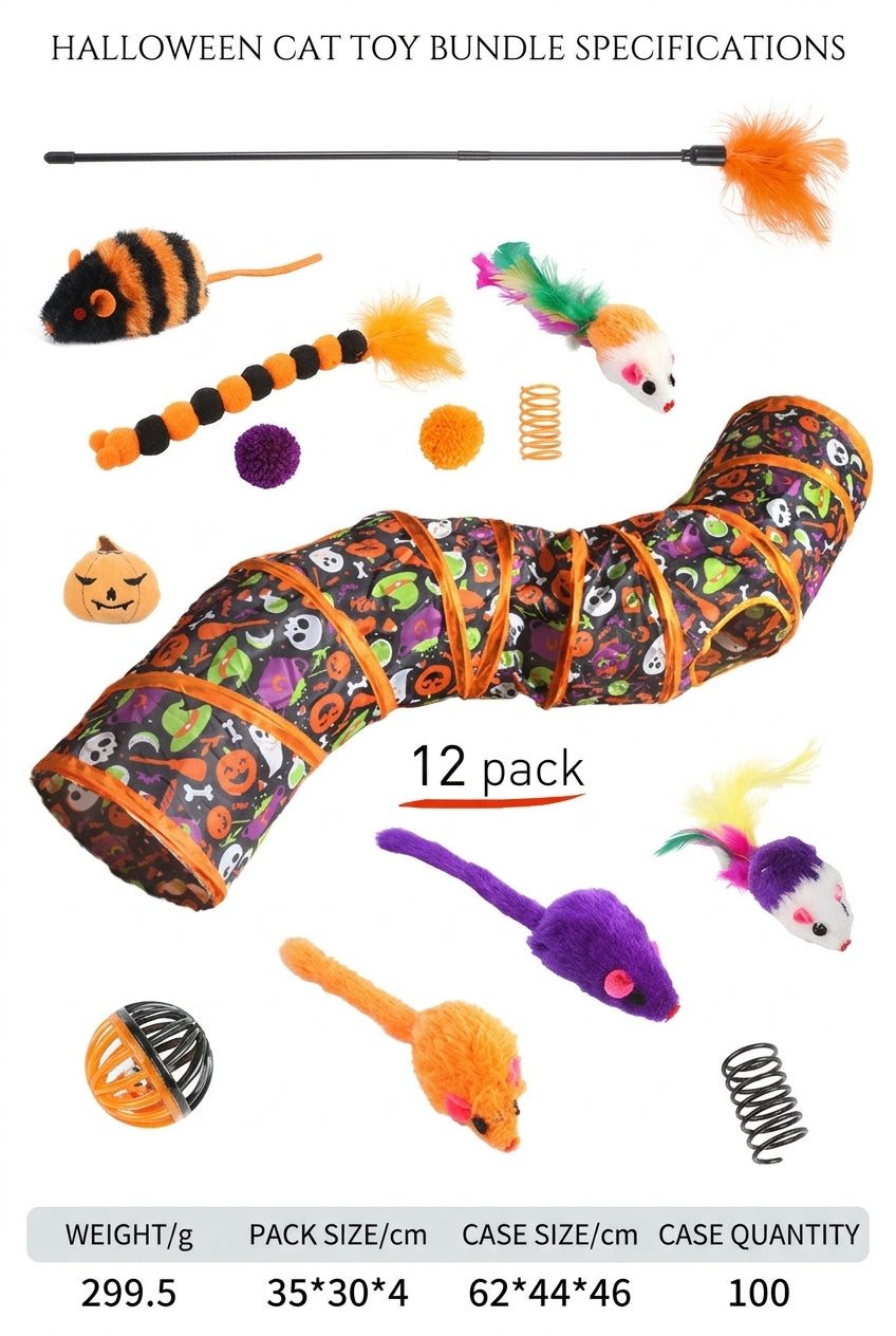 12-Piece Halloween Cat Toy Set with Tunnel | Bulk & Wholesale Supply