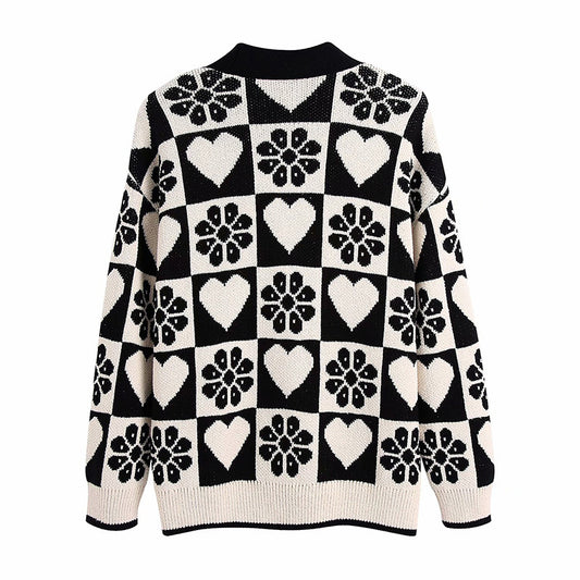 Women Black Drawing V Neck Cardigans