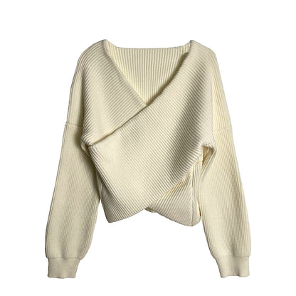 Chic White V Neck Knit Sweater