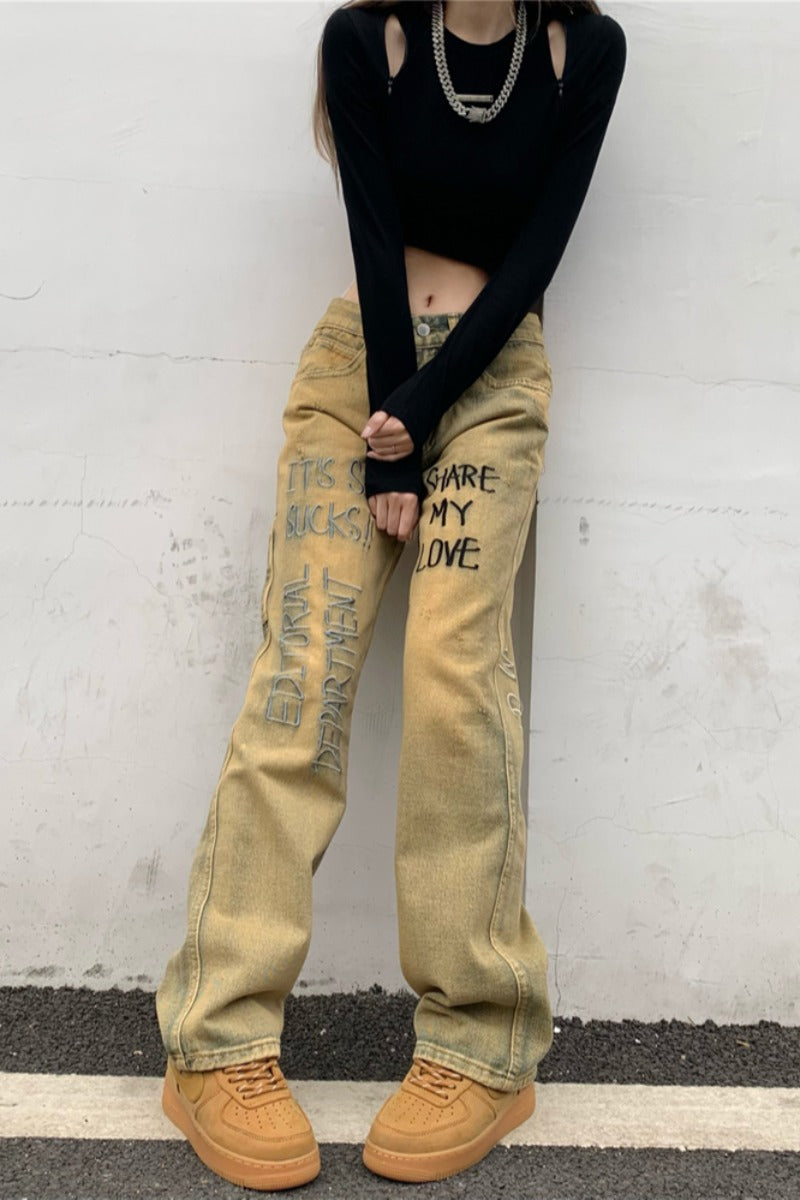 Personality Smile Print High Waist Washed Jeans