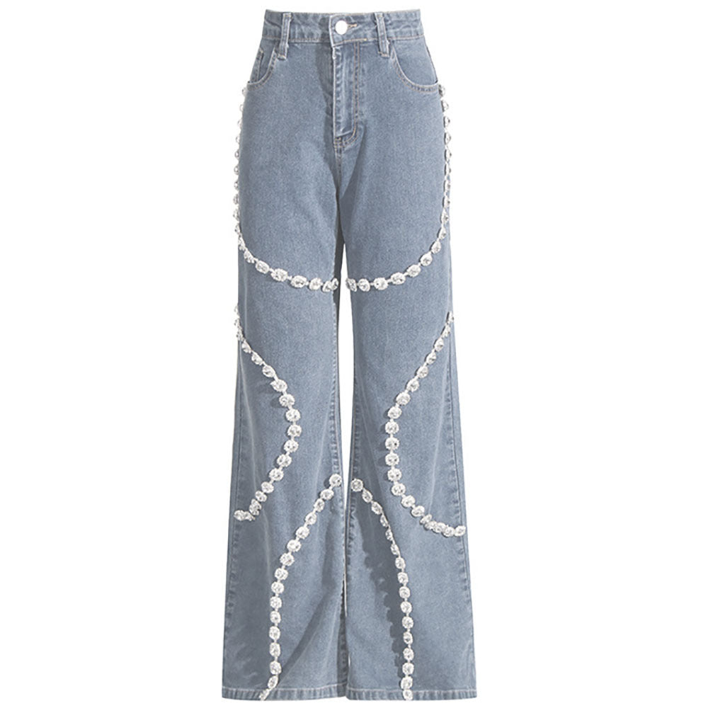 Blue Diamond Studded Hollow Straight Jeans For Women