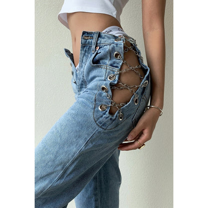 Womens High Waist Chain Streetwear Jeans
