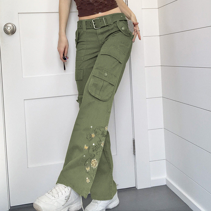 Womens Vintage Washed Multiple Pockets Green Jeans