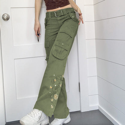 Womens Vintage Washed Multiple Pockets Green Jeans